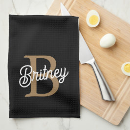 Modern Elegant Monogram Namn Black Guld Kökshandduk