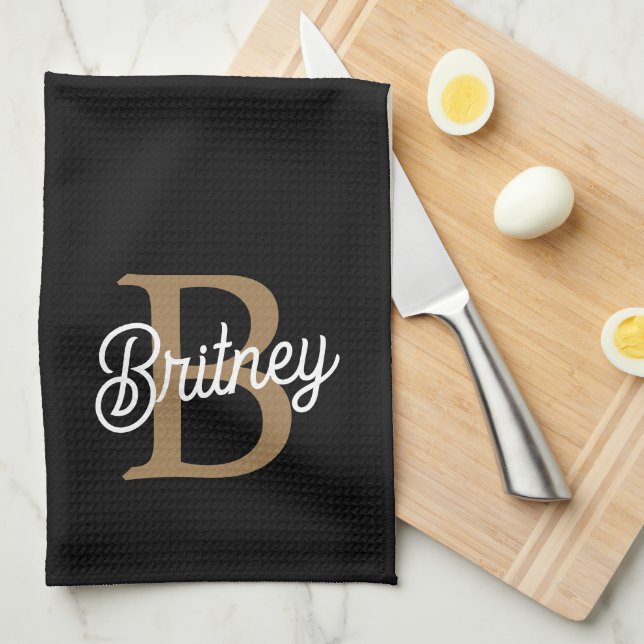 Modern Elegant Monogram Namn Black Guld Kökshandduk (Vikt i Fjärdedel)