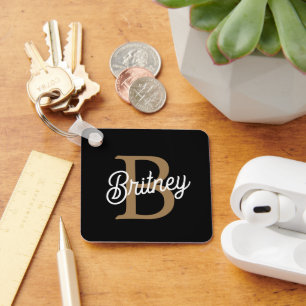 Modern Elegant Monogram Namn Black Guld Nyckelring