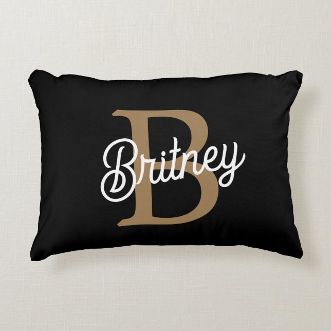 Modern Elegant Monogram Namn Black Guld Prydnadskudde (Framsidan)