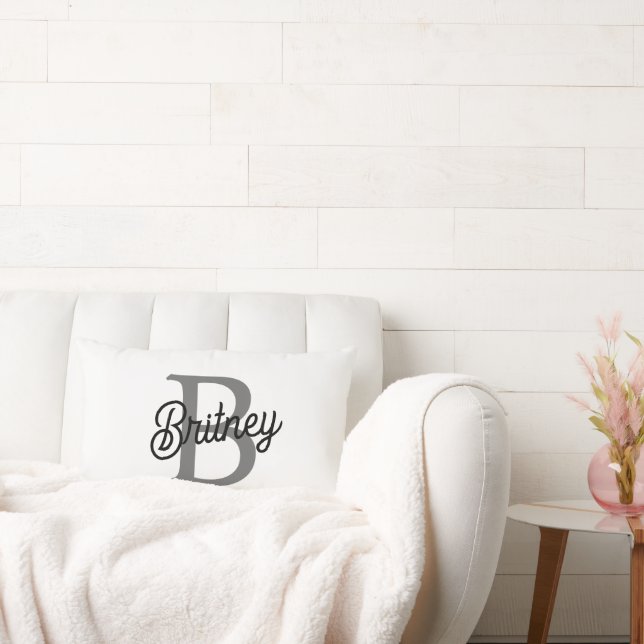 Modern Elegant Monogram Namn Svart Grå Skrift Lumbarkudde (Soffa)