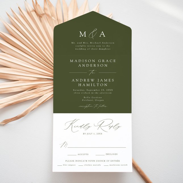 Modern Elegant Monogram Olivgrön Bröllop (Skapare uppladdad)