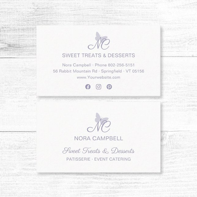 Modern Elegant Monogram Pastel Lavender Butterfly Visitkort (Modern, elegant pastel lavender typography, butterfly monogram business card, social media icons.)