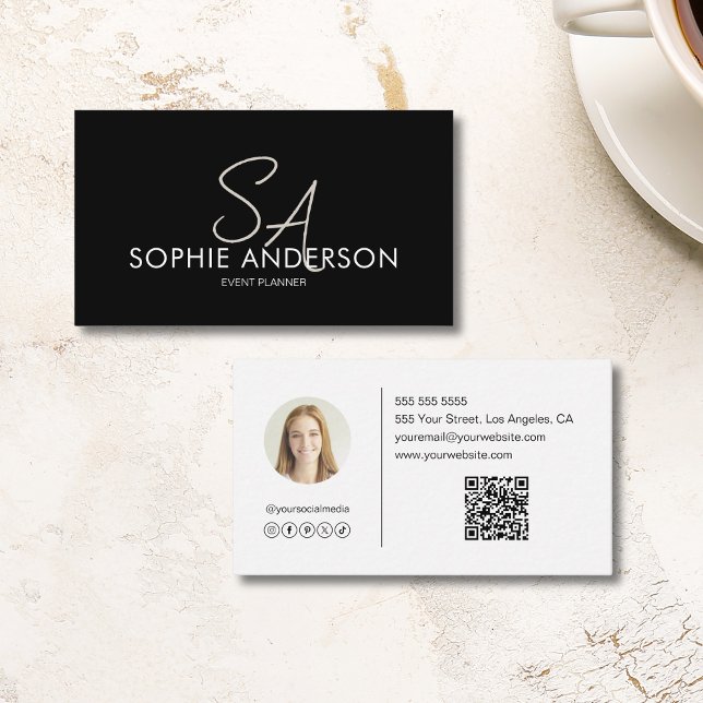 Modern Elegant Monogram Photo QR Black and White Visitkort (Modern Elegant Monogram Photo QR Black and White Business Card)