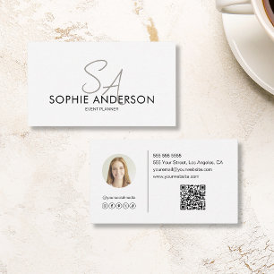Modern Elegant Monogram Photo QR Code White Visitkort