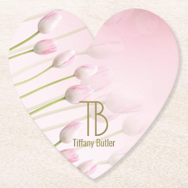 Modern Elegant Monogram Powder Rosa Tulips Party Underlägg Papper (Framsida)