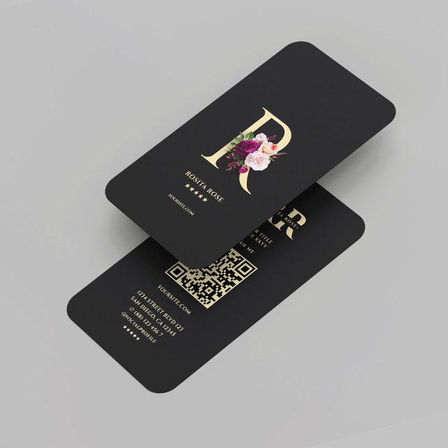 Modern Elegant Monogram R Blommigt Black Guld Visitkort (Modern Elegant Monogram R Floral Black Gold Business Card
)