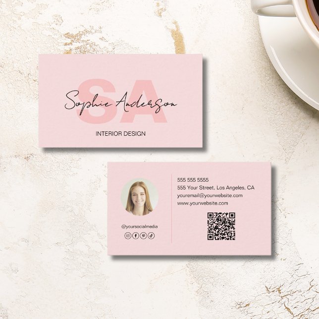 Modern Elegant, monogram  Rosa Visitkort (Modern Elegant Monogram Blush Pink Business Card)