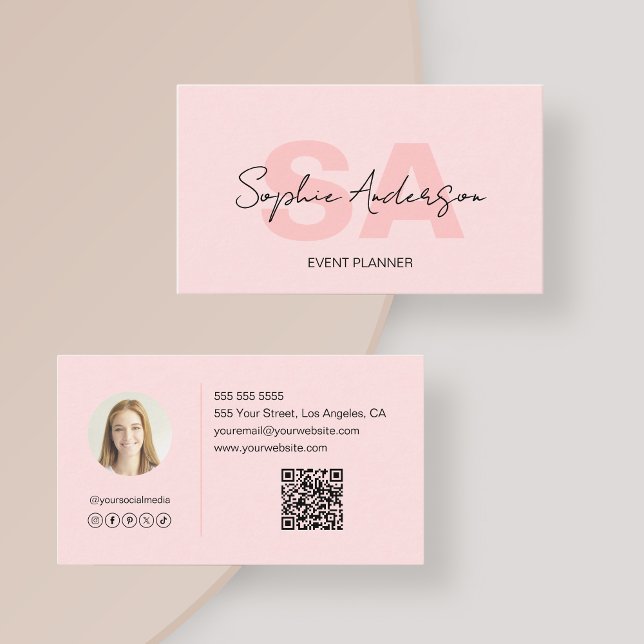 Modern Elegant, monogram  Rosa Visitkort (Modern Elegant Monogram Blush Pink Business Card)