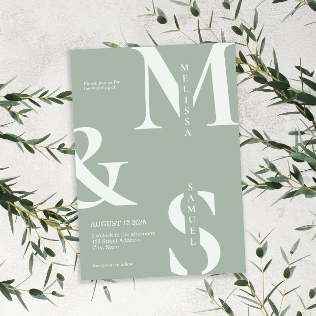 Modern Elegant Monogram Sage Grönt Bröllop Inbjudningar (Modern Elegant Monogram Sage Green Wedding Invitation)