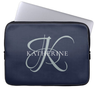 Modern Elegant, monogram, svart marin skrift Laptop Fodral