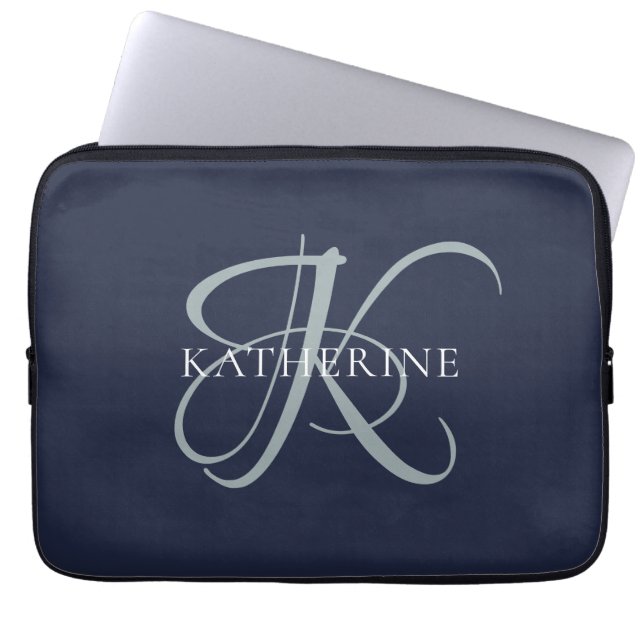 Modern Elegant, monogram, svart marin skrift Laptop Fodral (Framsidan)