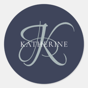 Modern Elegant, monogram, svart marin skrift Runt Klistermärke