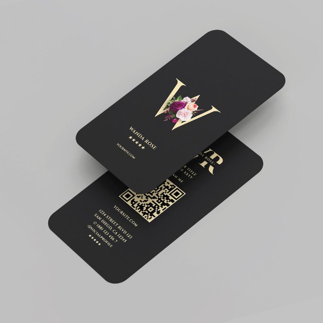 Modern Elegant Monogram W Blommigt Black Guld Visitkort (Modern Elegant Monogram W Floral Black Gold Business Card
)