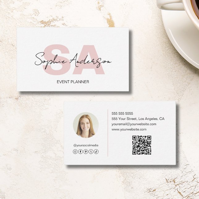 Modern Elegant Monogram White Rosa Visitkort (Modern Elegant Monogram White Pink Business Card)