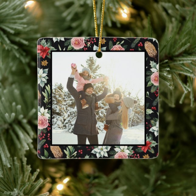 Modern Elegant Mörk Blommigt jul 2 foto Julgransprydnad Keramik (Träd)