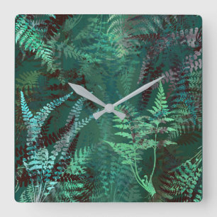 Modern Elegant Mörk Emerald Grönt Ferns Fyrkantig Klocka