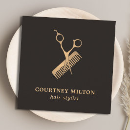 Modern Elegant Mörk Faux Guld Scissor Comb Fyrkantigt Visitkort