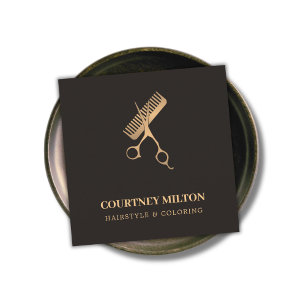 Modern Elegant Mörk Faux Guld Scissors Comb Fyrkantigt Visitkort