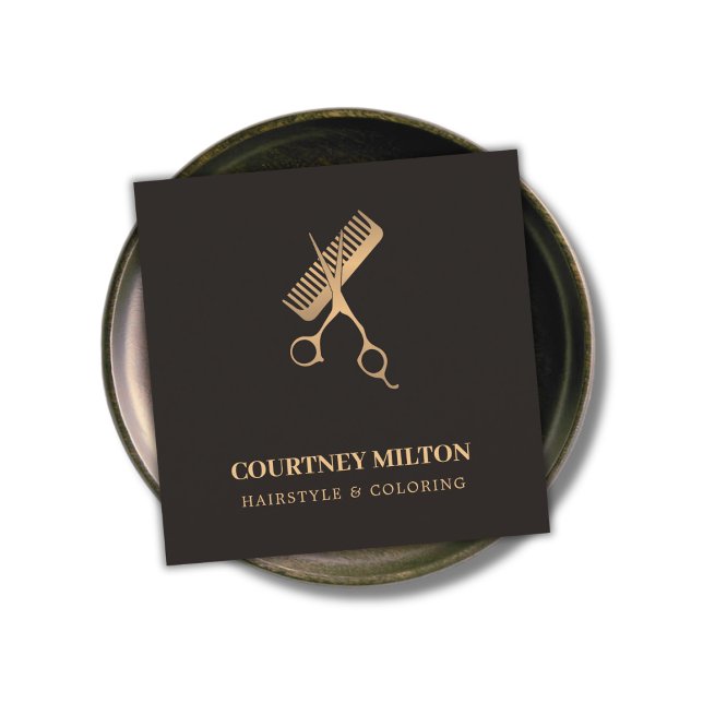 Modern Elegant Mörk Faux Guld Scissors Comb Fyrkantigt Visitkort (Skapare uppladdad)