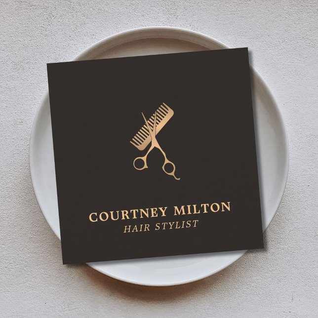 Modern Elegant Mörk Faux Guld Scissors Comb Fyrkantigt Visitkort (Skapare uppladdad)