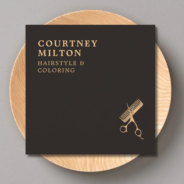 Modern Elegant Mörk Faux Guld Scissors Comb Fyrkantigt Visitkort (Skapare uppladdad)