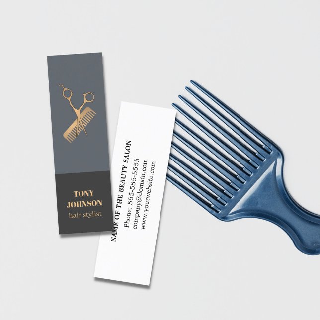 Modern Elegant Mörk Faux Guld Scissors Comb Mini Visitkort (Skapare uppladdad)