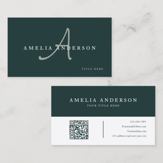 Modern Elegant Mörk Grön Initial QR-kod  Visitkort (Fram/baksida)