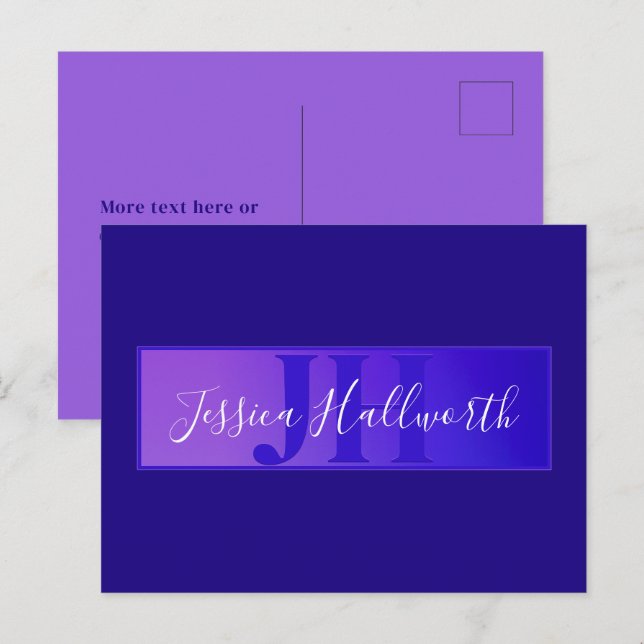 Modern Elegant Namn & Monogram Ombre Lila Vykort (Fram/baksida)