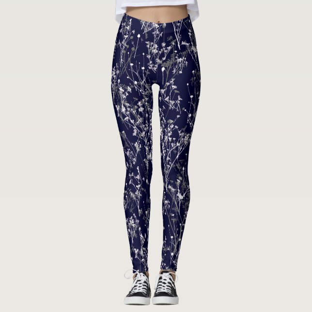 Modern Elegant Navy Blue Wildblommor Leggings (Framsida)