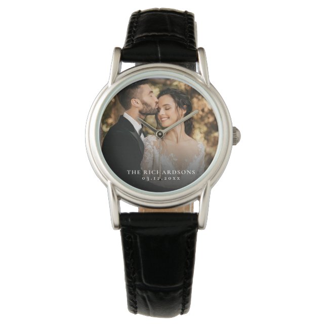 Modern Elegant Newly Wed Wedding Photo Anniversary Armbandsur (Framsida)