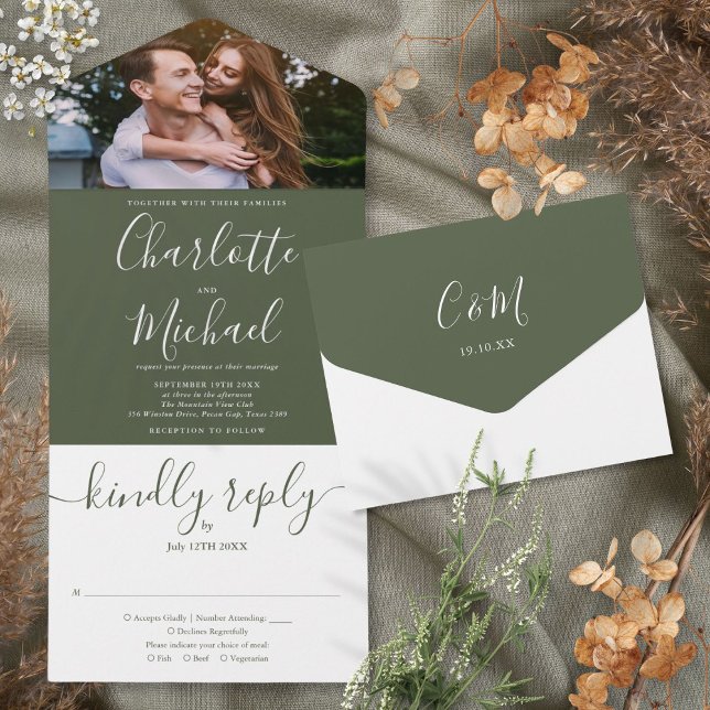 Modern Elegant Oliv Skrift Foto Bröllop Allt (Modern Elegant Olive Script Photo Wedding All In One Invitation)