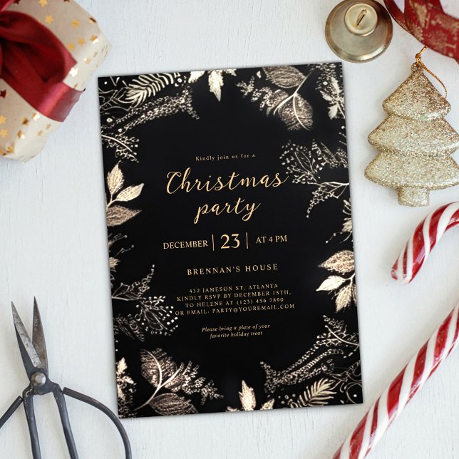 Modern Elegant Party Black Guld-festen Inbjudningar (Modern Elegant Christmas Party Black Gold Festive Invitation)