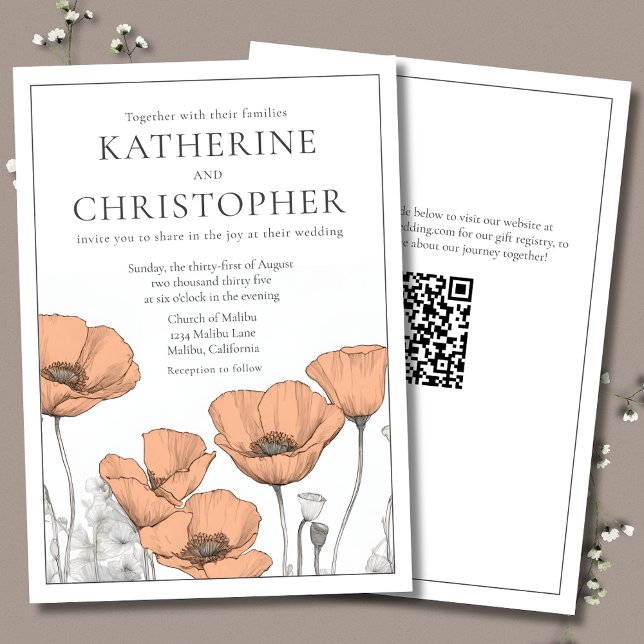 Modern Elegant Peach Poppies Blommigt Bröllop Inbjudningar (Modern Elegant Peach Wedding Invitations featuring California Poppies and Modern Typography.)