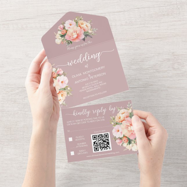 Modern Elegant Peonies Dusty Ro QR Code Bröllop (Avrivbar del)