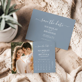 Modern Elegant Photo Calendar Dusty Blue Bröllop Spara Datumet