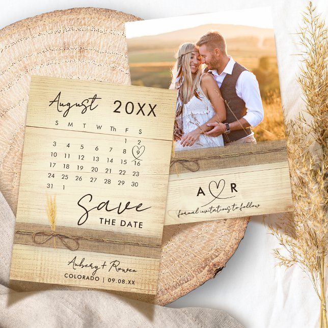 Modern Elegant Photo Calendar Rustic Wood Bröllop Spara Datumet (Skapare uppladdad)