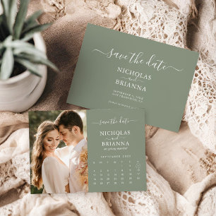 Modern Elegant Photo Calendar Sage Grönt Bröllop Spara Datumet