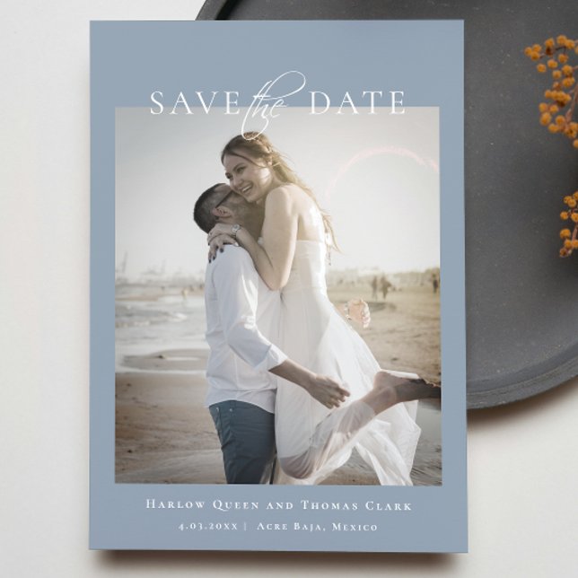Modern Elegant Photo Dusty Blue Spara Datumet (Modern Elegant Photo Dusty Blue Save The Date)