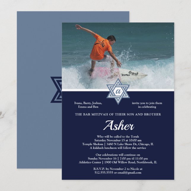 Modern + Elegant Photo Pub Mitzvah Inbjudningar (Fram/baksida)