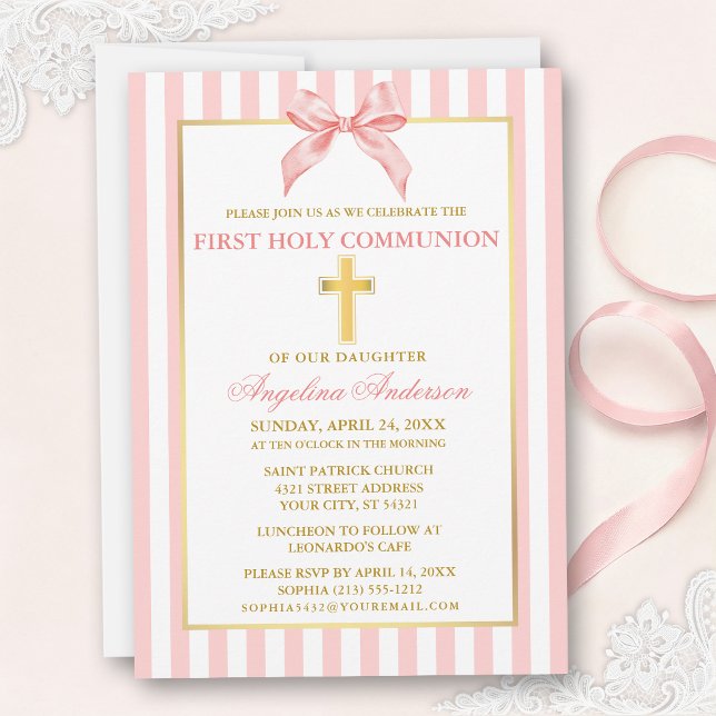 Modern Elegant Pink Blush Striped Communion Inbjudningar (Customize to change text color, text size or style.)