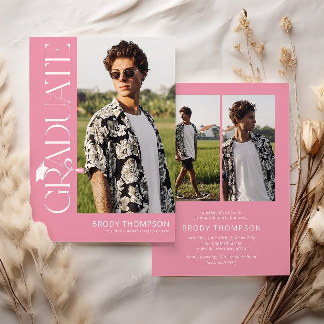 Modern Elegant Pink & White 3 Photo Graduation Inbjudningar (Skapare uppladdad)