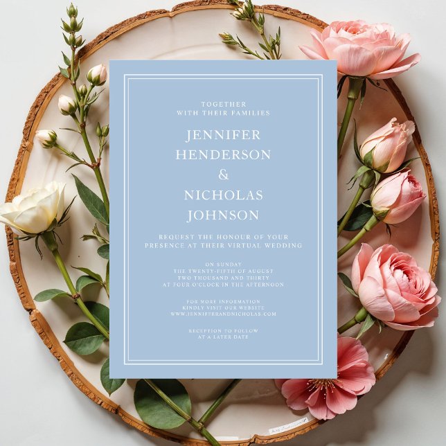 Modern Elegant Powder Blue Virtuella Bröllop Inbjudningar (Modern Elegant Powder Blue Virtual Wedding Invitation)