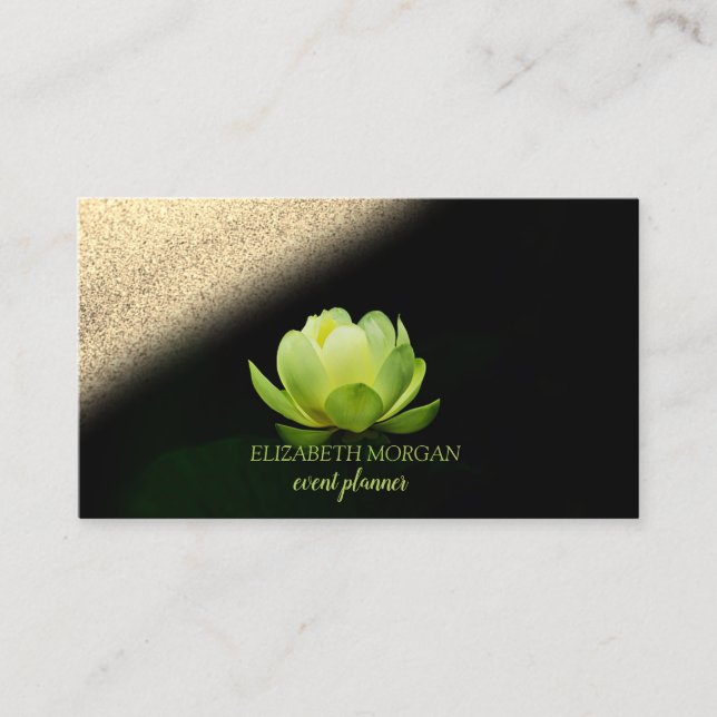 Modern Elegant Professionell Grön Lotus Guld Bokeh Visitkort (Framsida)