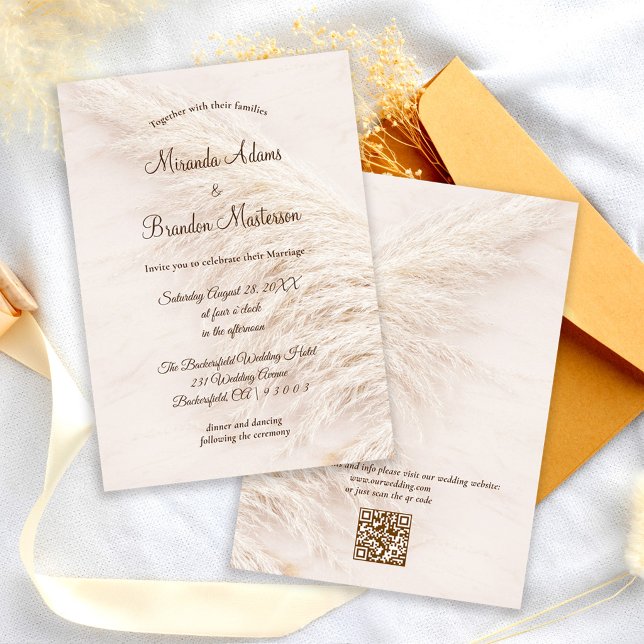 Modern Elegant QR Code Pampas Grass Boho Wedding Inbjudningar (Skapare uppladdad)