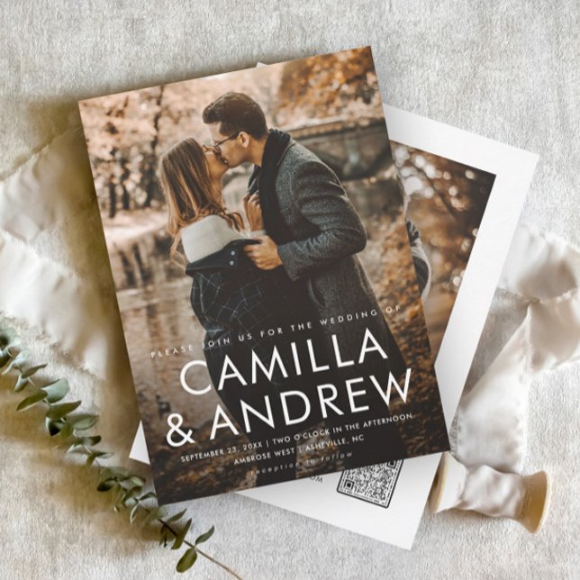 Modern Elegant QR-kod Bröllop Inbjudningar (A minimal 2 photo wedding invitation with simple typographic overlay and QR Code rsvp on the back.)
