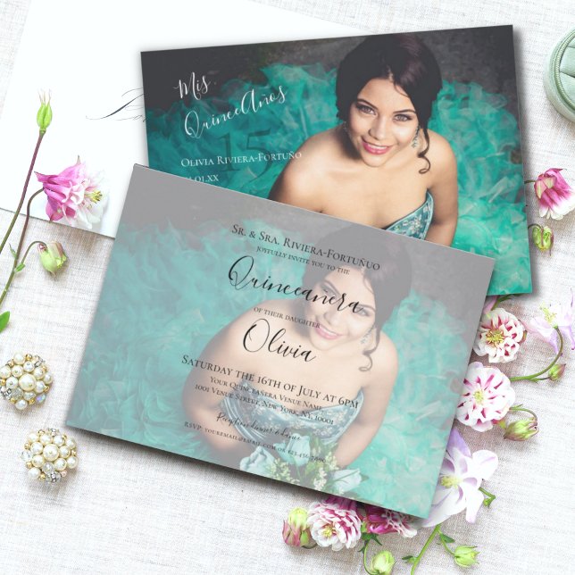 Modern Elegant Quinceanera 15:e födelsedagsfoto Inbjudningar (Front & Back - Modern Elegant Mis Quince Anos | Quinceanera 15th Birthday Landscape Photo Invitation)