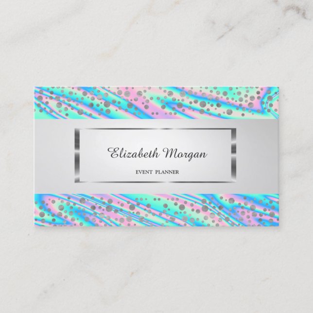 Modern Elegant, Randig, Silver Konfetti, Holografi Visitkort (Framsida)