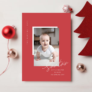 Modern Elegant Red Baby Första julfoto Julkort
