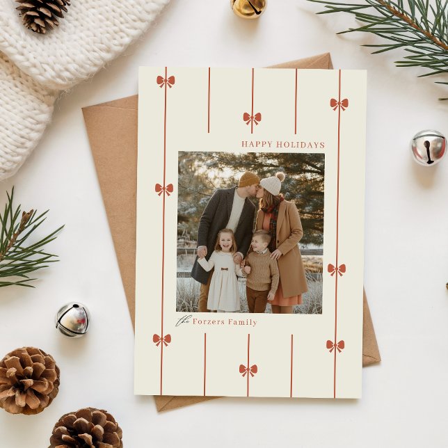 Modern Elegant Red Bow Family Kids Photo Christmas Julkort (Skapare uppladdad)